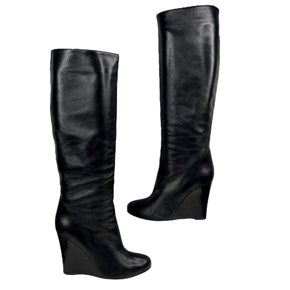Valentino Garavani Black Leather Knee High Wedge Tall Boot 38.5 Women's Pull On - Picture 4 of 12